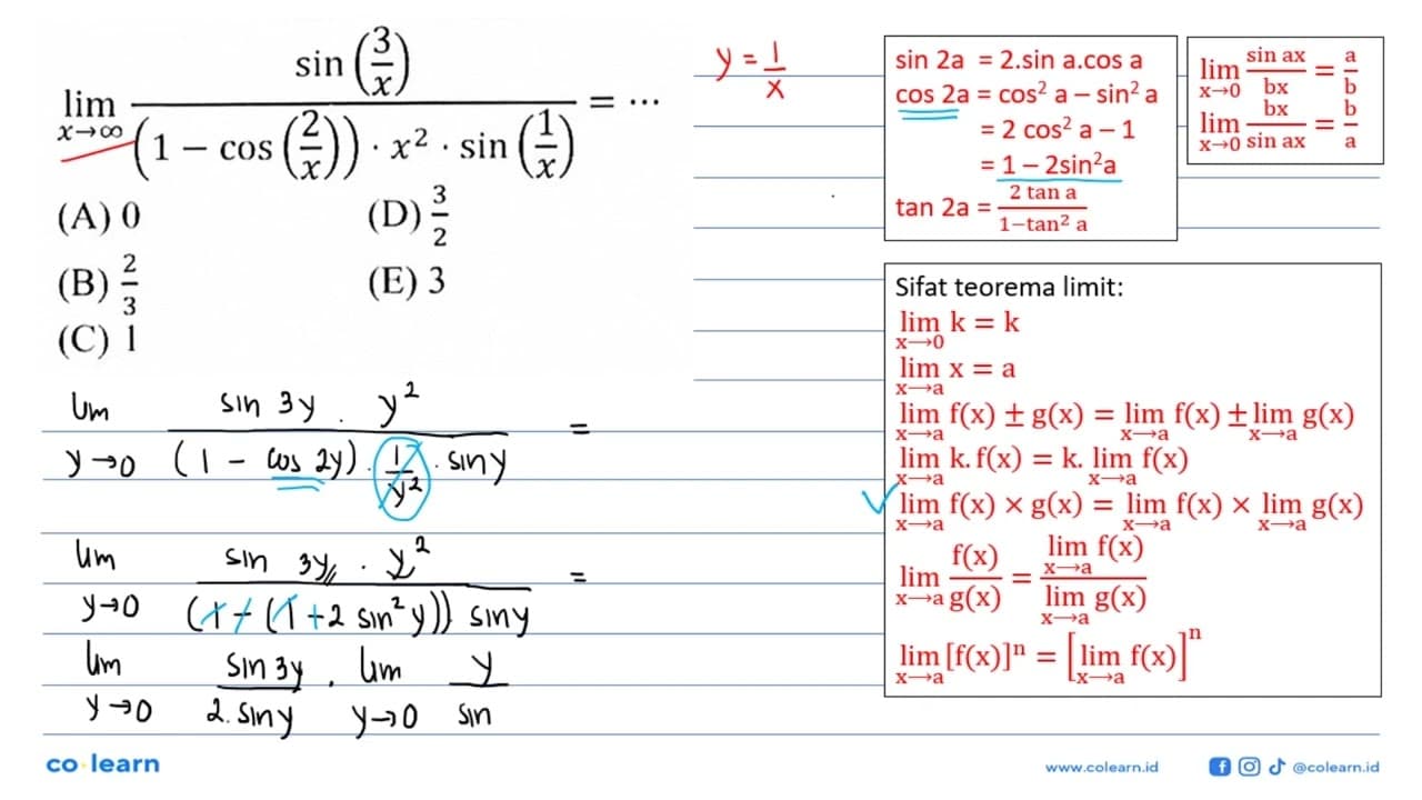 lim x->tak hingga sin (3/x)/(1-cos(2/x)).x2.sin(1/x)=....