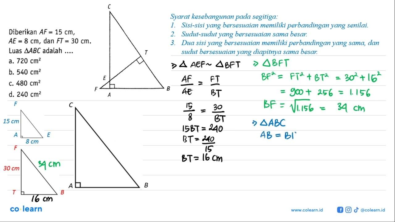 Diberikan AF=15 cm AE=8 cm , dan FT=30 cm . Luas segitiga