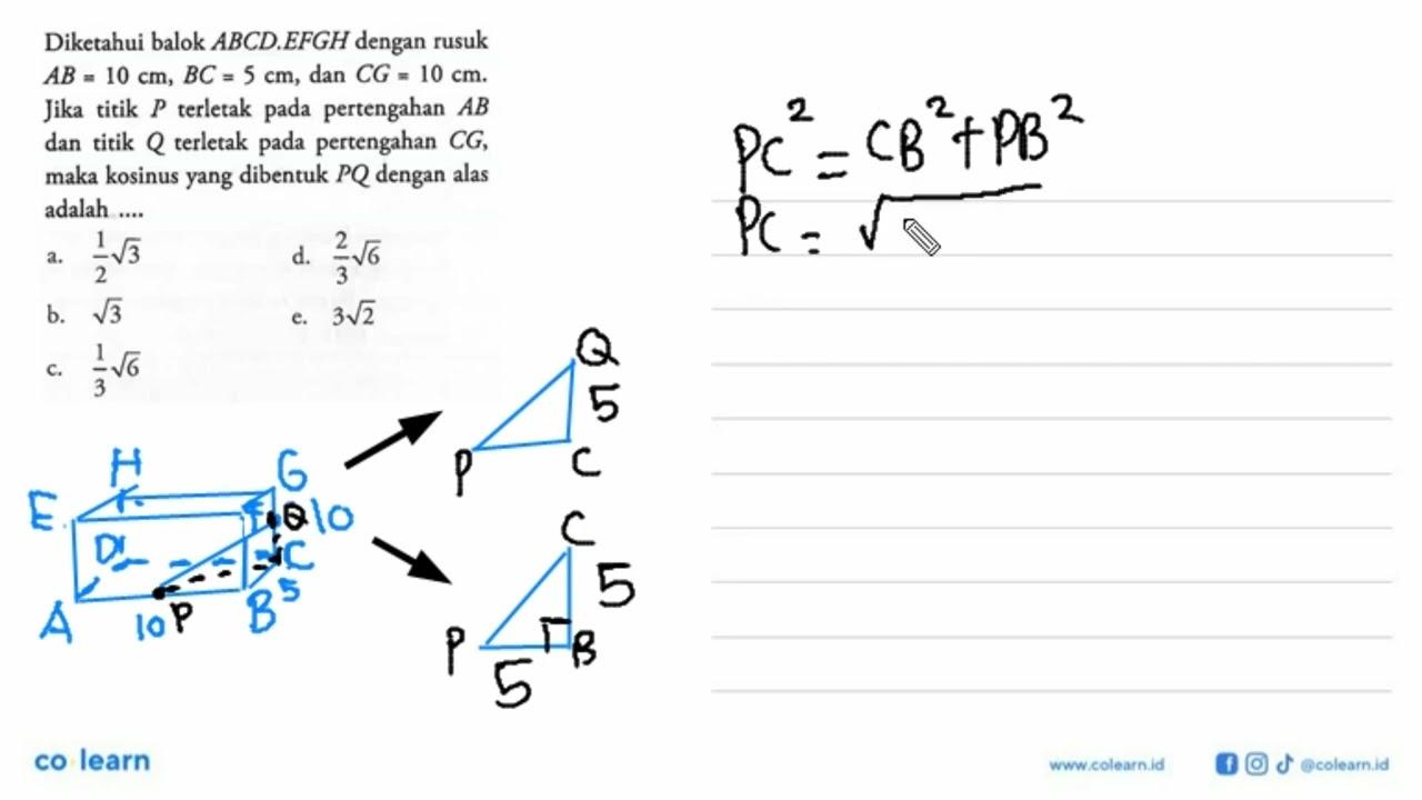 Diketahui balok ABCD.EFGH dengan rusuk AB=10 cm, BC=5 cm