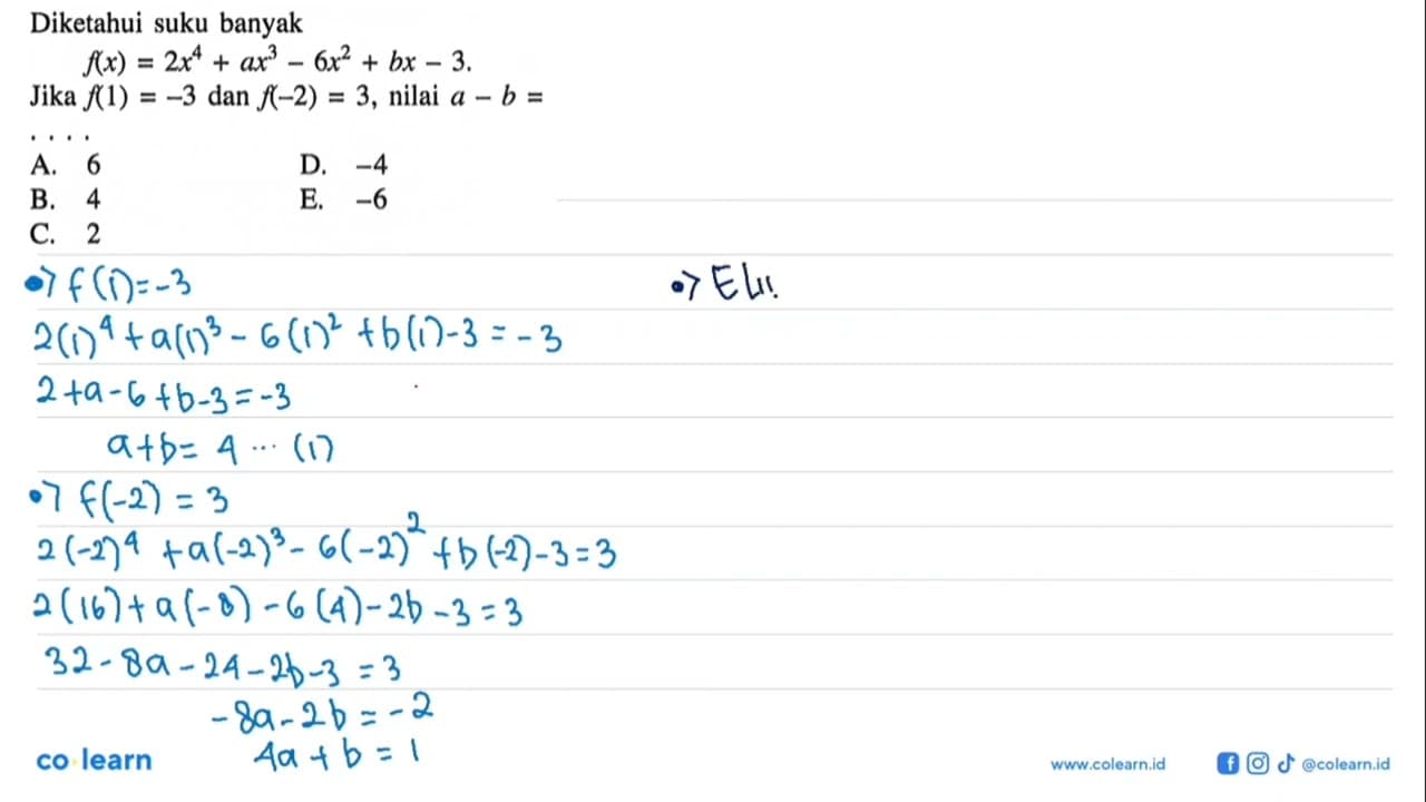 Diketahui suku banyak f(x)=2x^4+ax^3-6x^2+bx-3. Jika