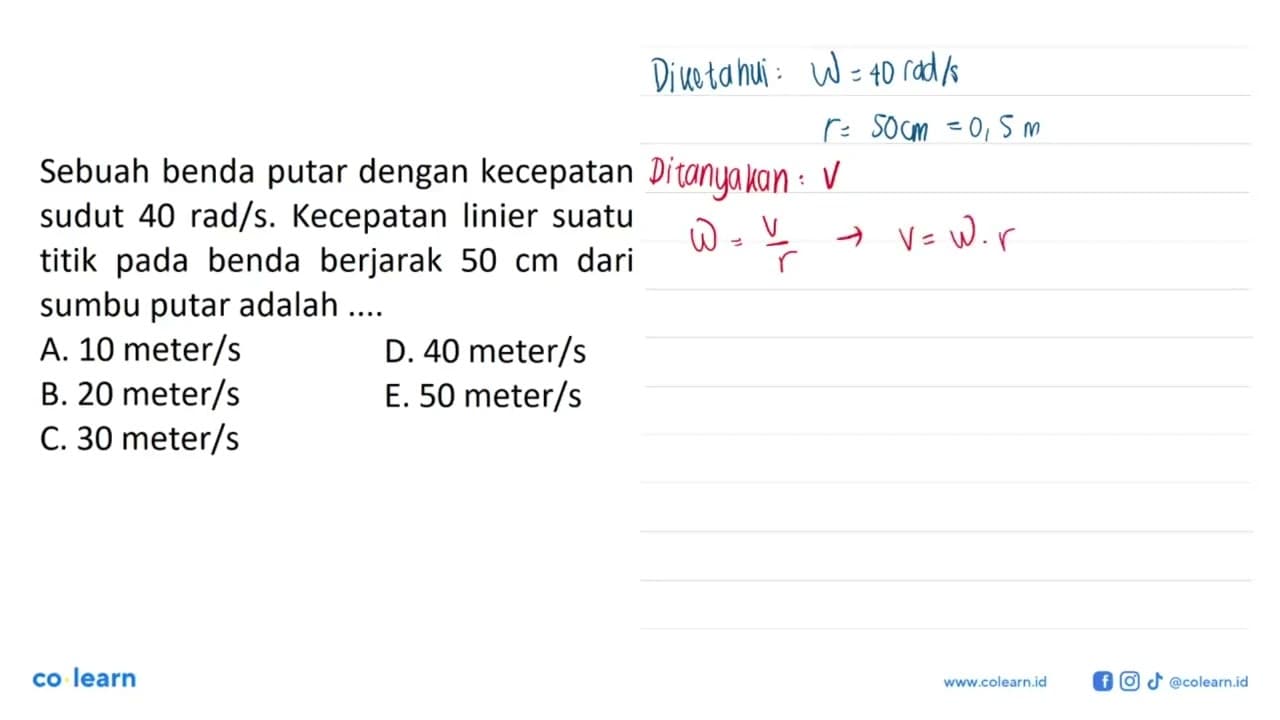 Sebuah benda putar dengan kecepatan sudut 40 rad/s.