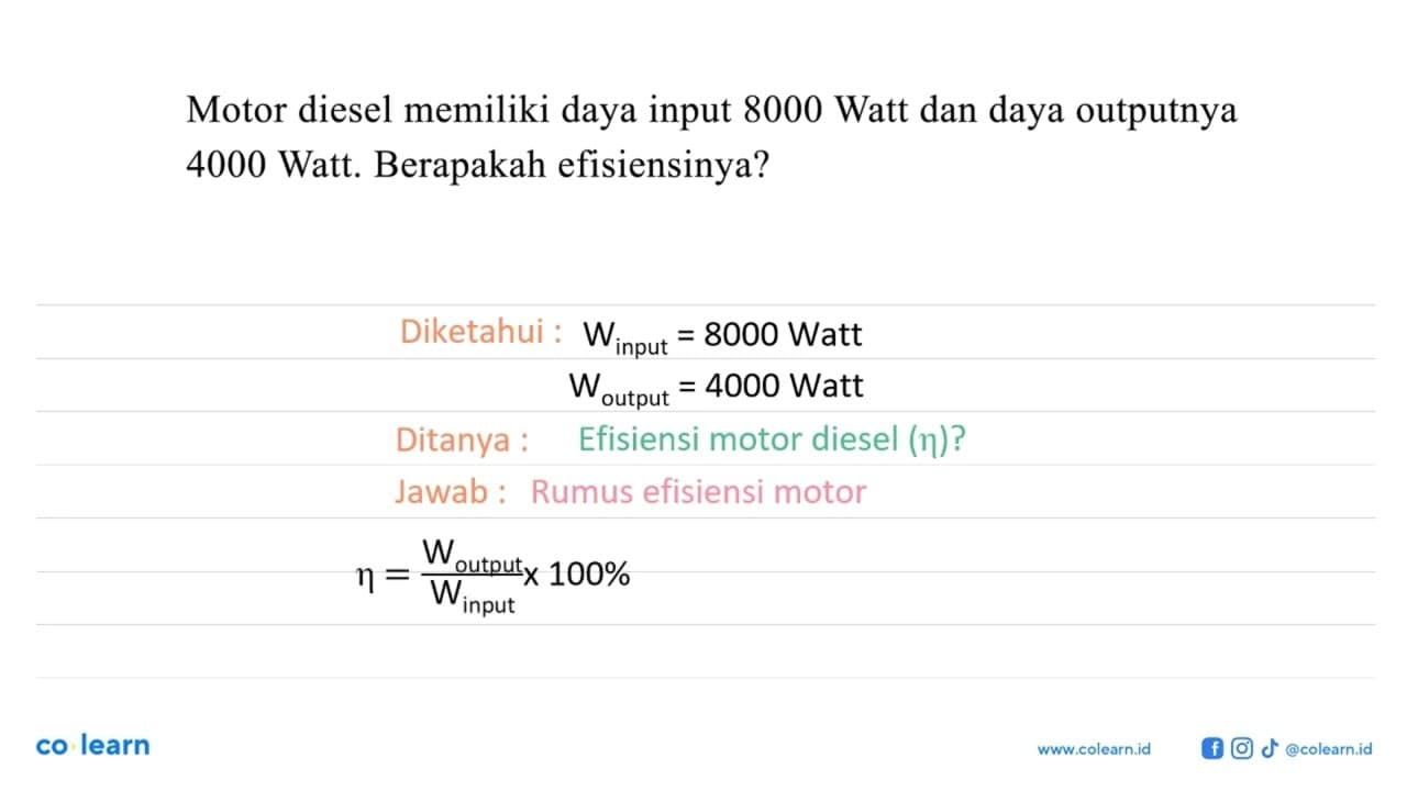 Motor diesel memiliki daya input 8000 Watt dan daya