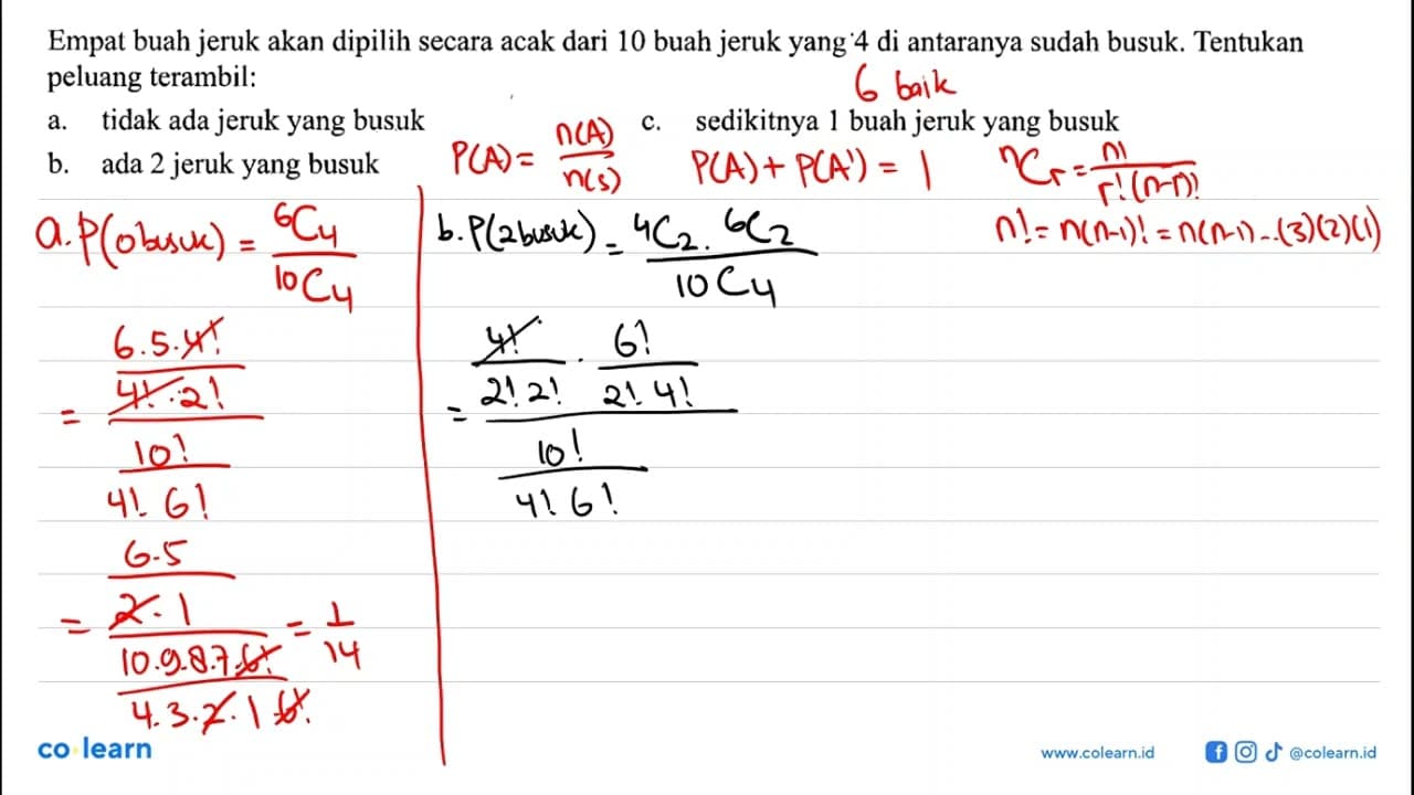 Empat buah jeruk akan dipilih secara acak dari 10 buah