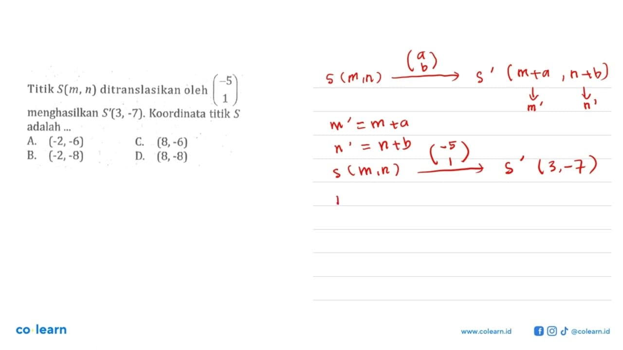 Titik S(m, n) ditranslasikan oleh (-5 1) menghasilkan