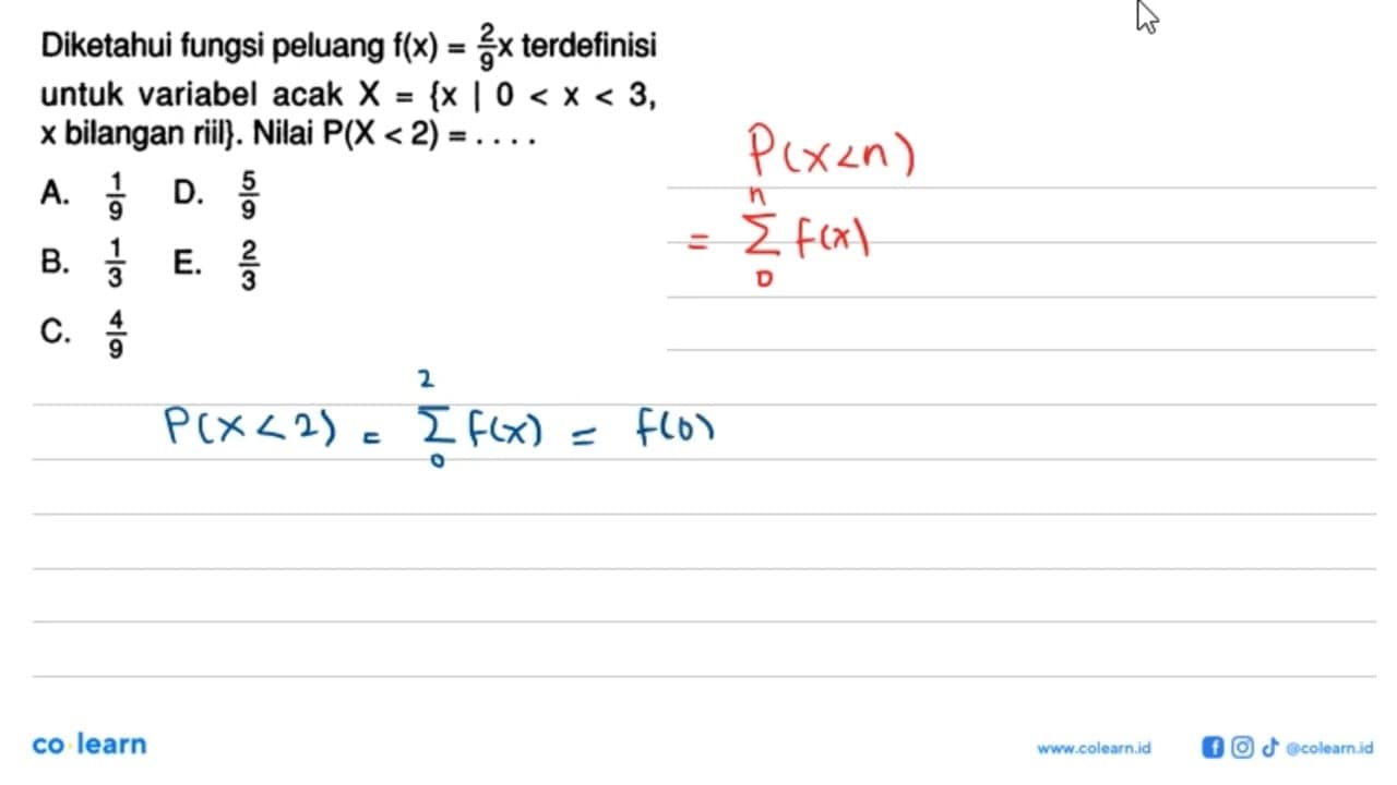 Diketahui fungsi peluang f(x)=2/9 x terdefinisi untuk