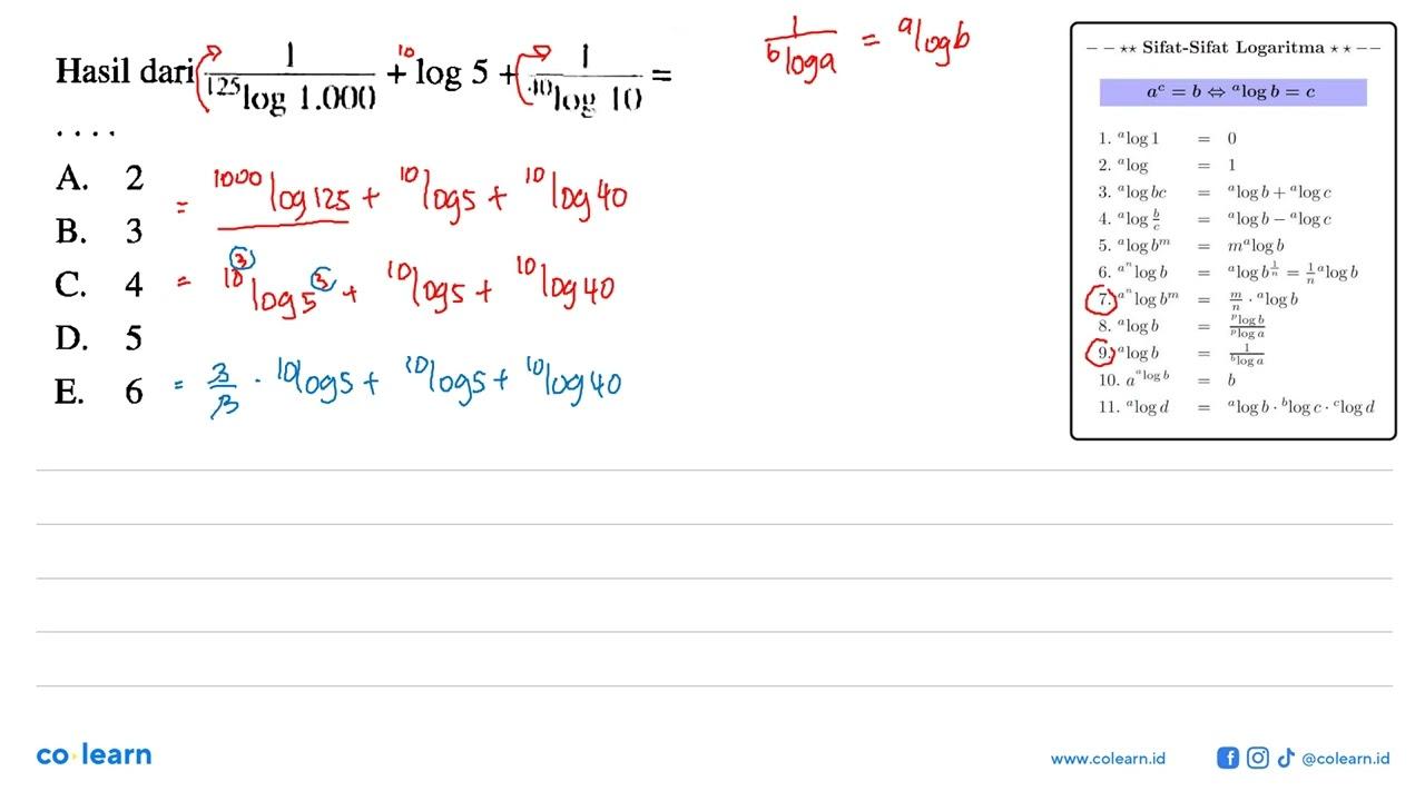 Hasil dari 1/(125 log 1.000)+log 5+1/(40 log 10)=...