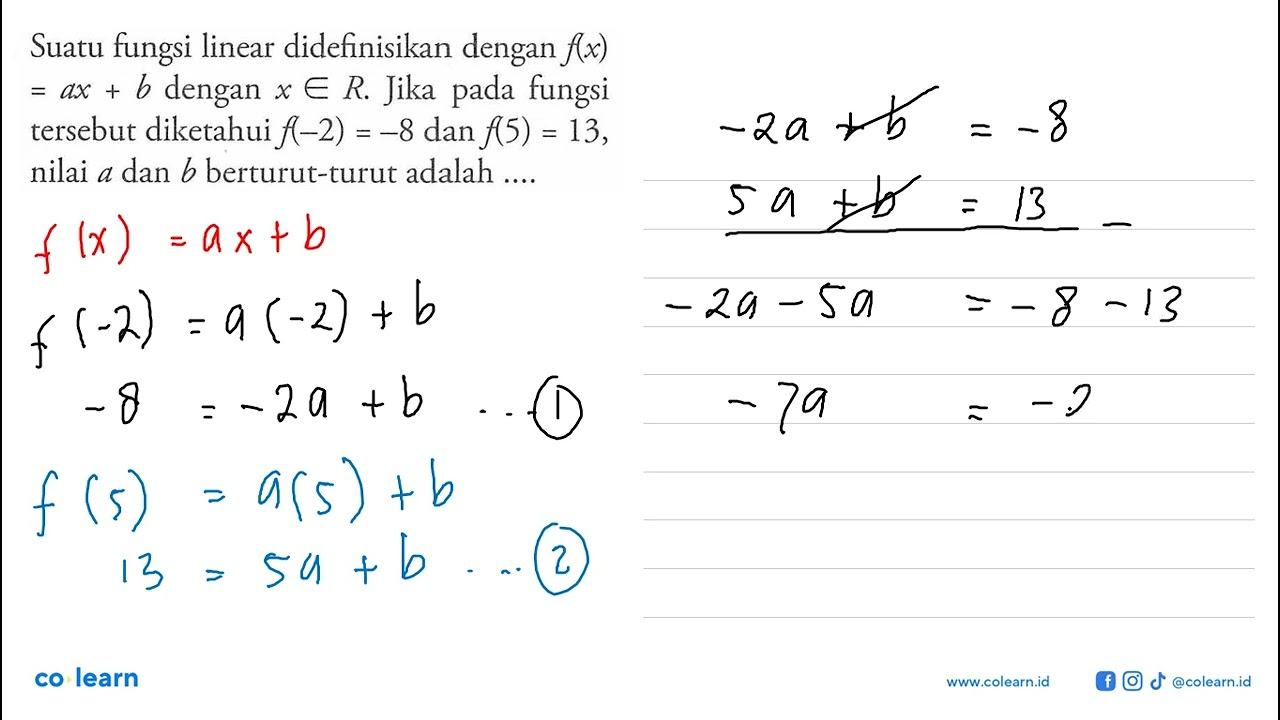 Suatu fungsi linear didefinisikan dengan f(x) = ax + b