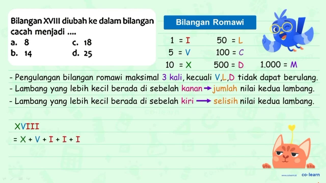 Bilangan XVIII diubah ke dalam bilangan cacah menjadi ....