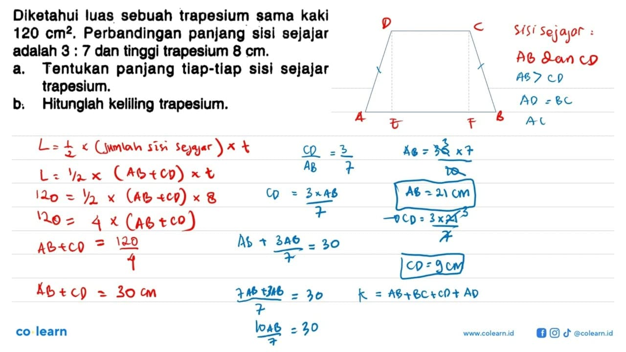 Diketahui luas sebuah trapesium sama kaki 120 cm^2 .