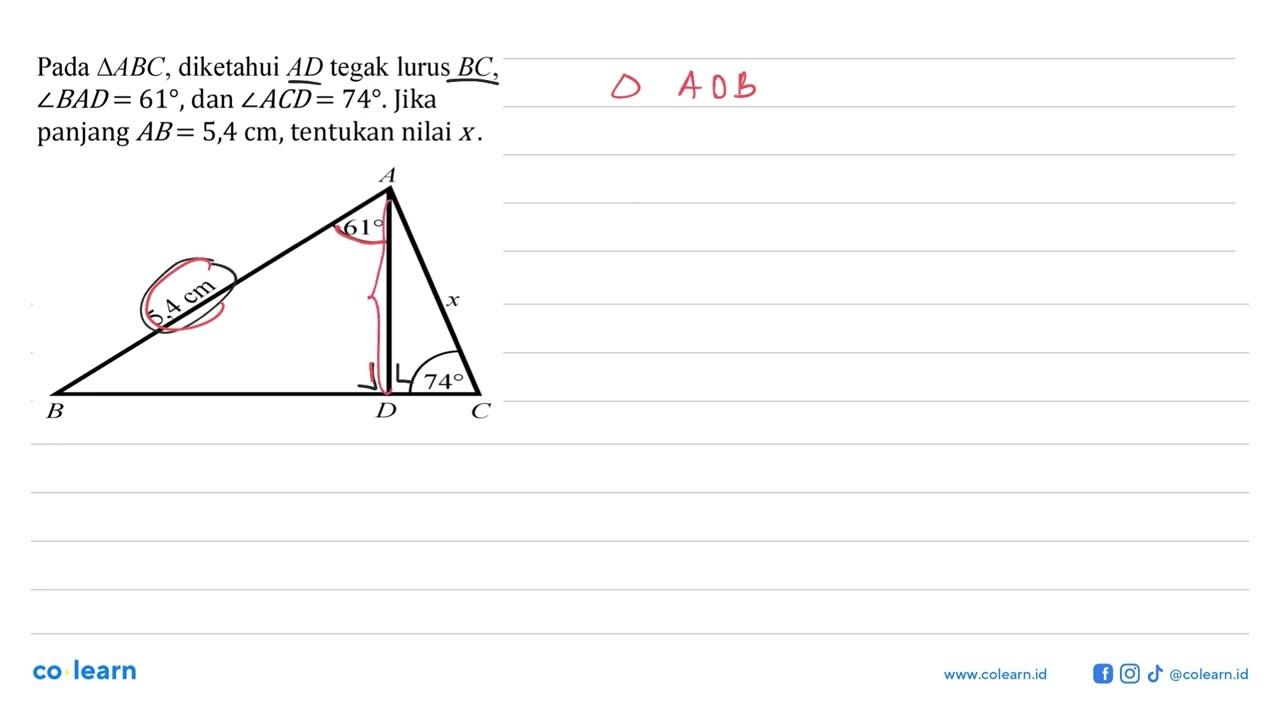 Pada segitiga ABC, diketahui AD tegak lurus BC, sudut