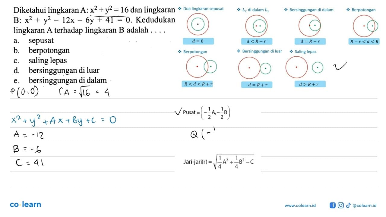 Diketahui lingkaran A:x^2+y^2=16 dan lingkaran B: