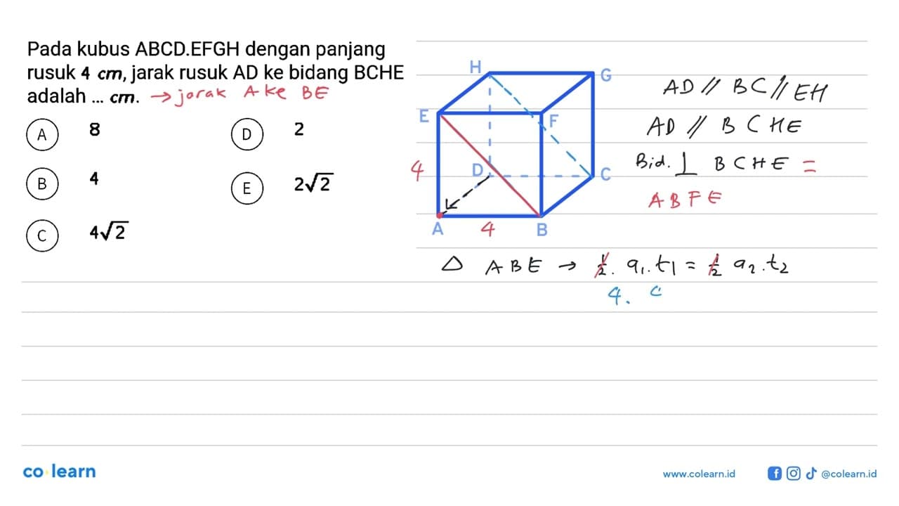 Pada kubus ABCD.EFGH dengan panjang rusuk 4 cm, jarak rusuk