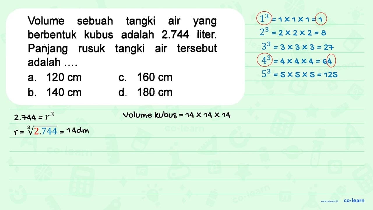 Volume sebuah tangki air yang berbentuk kubus adalah 2.744