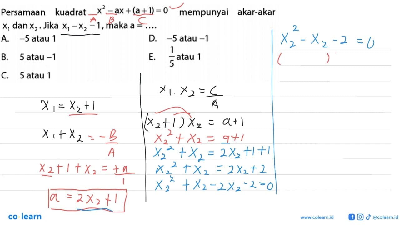 Persamaan kuadrat x^2 - ax + (a + 1) = 0 mempunyai