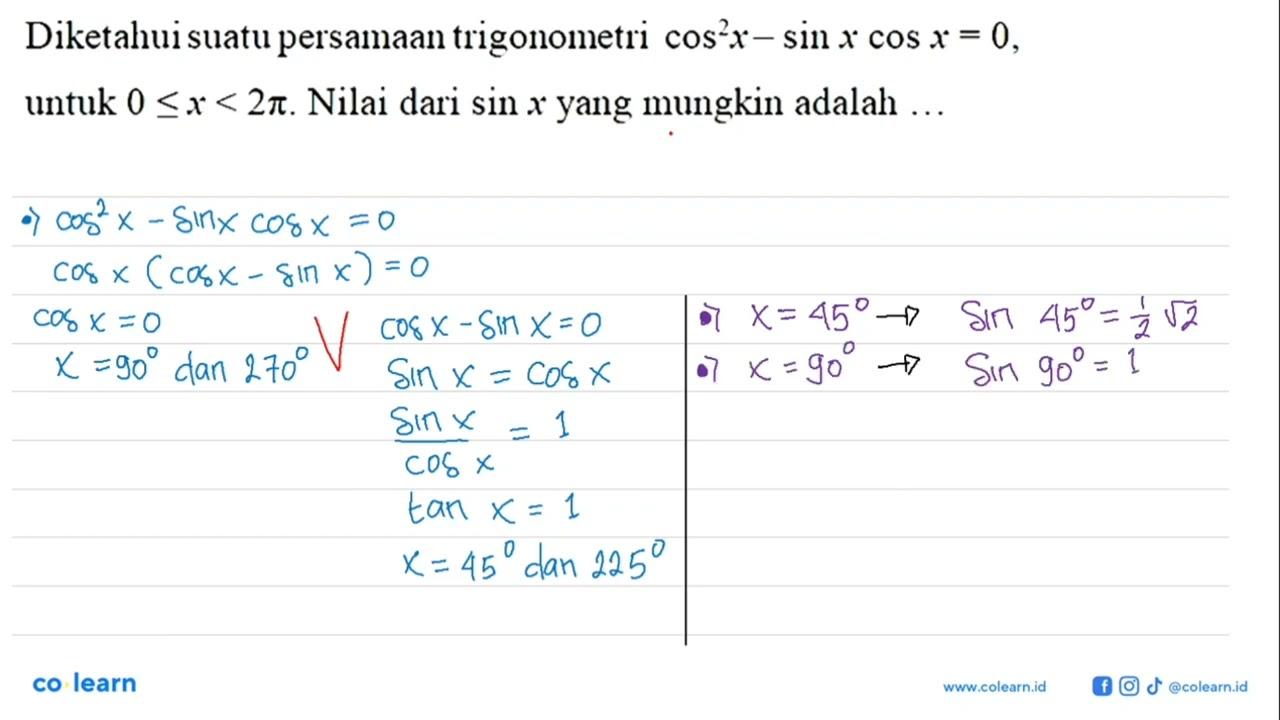 Diketahui suatu persamaan trigonometri cos^2 x - sin x cos