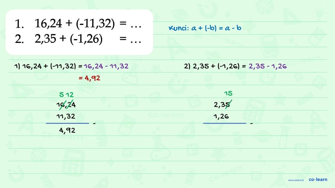 1. 16,24 + (-11,32) == .... 2. 2,35 + (-1,26) = ...