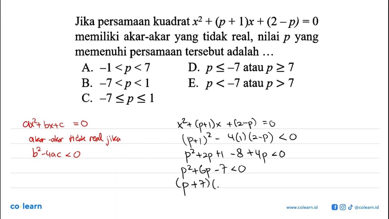 Jika persamaan kuadrat x^2 + (p + 1)x + (2 - p) = 0