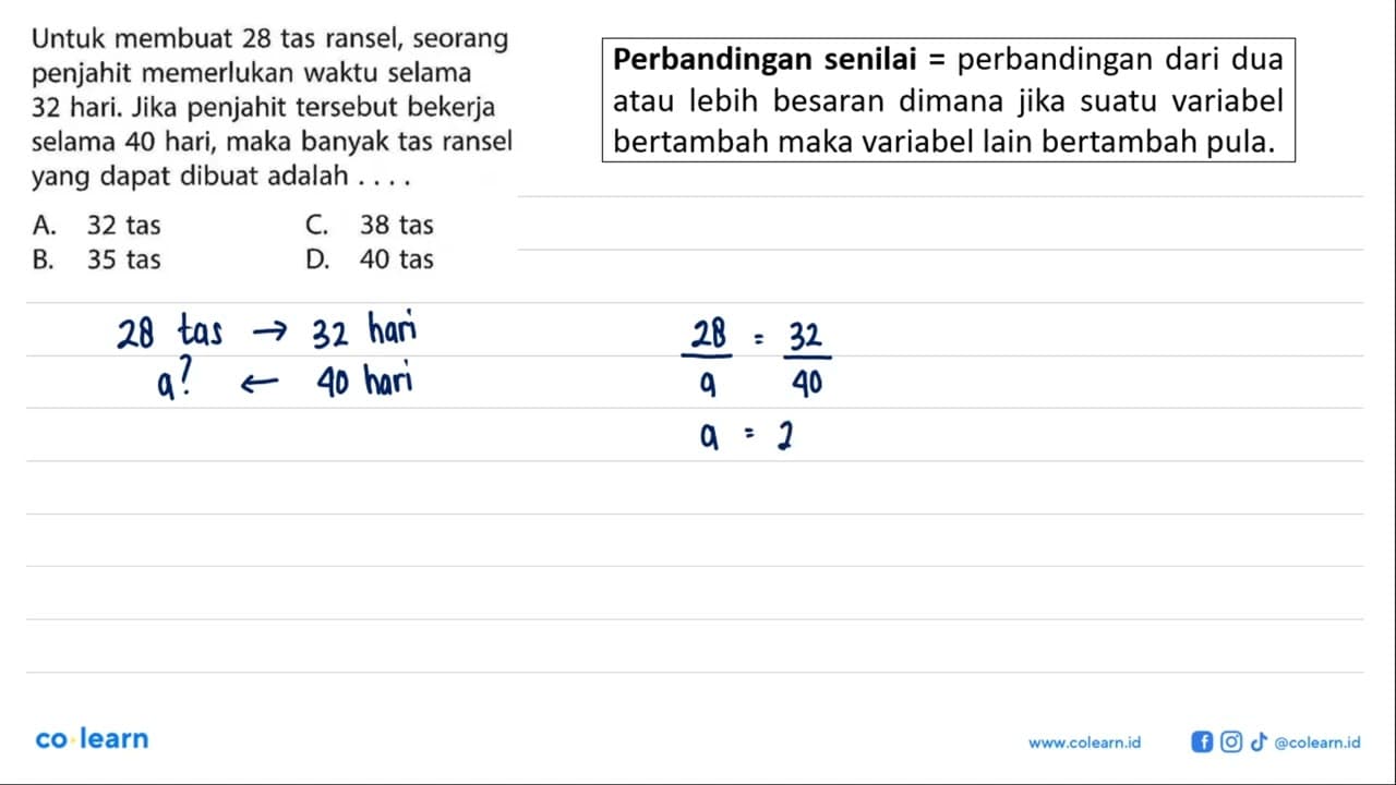 Untuk membuat 28 tas ransel, seorang penjahit memerlukan