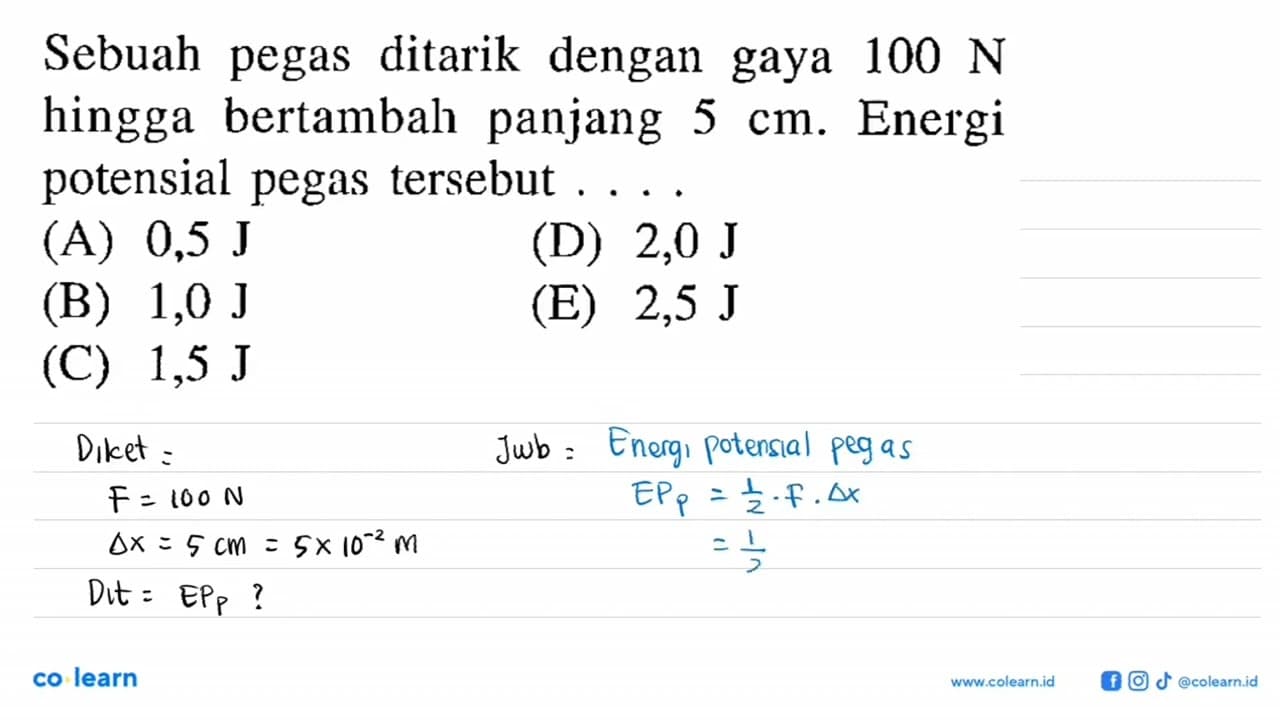 Sebuah pegas ditarik dengan gaya 100 N hingga bertambah