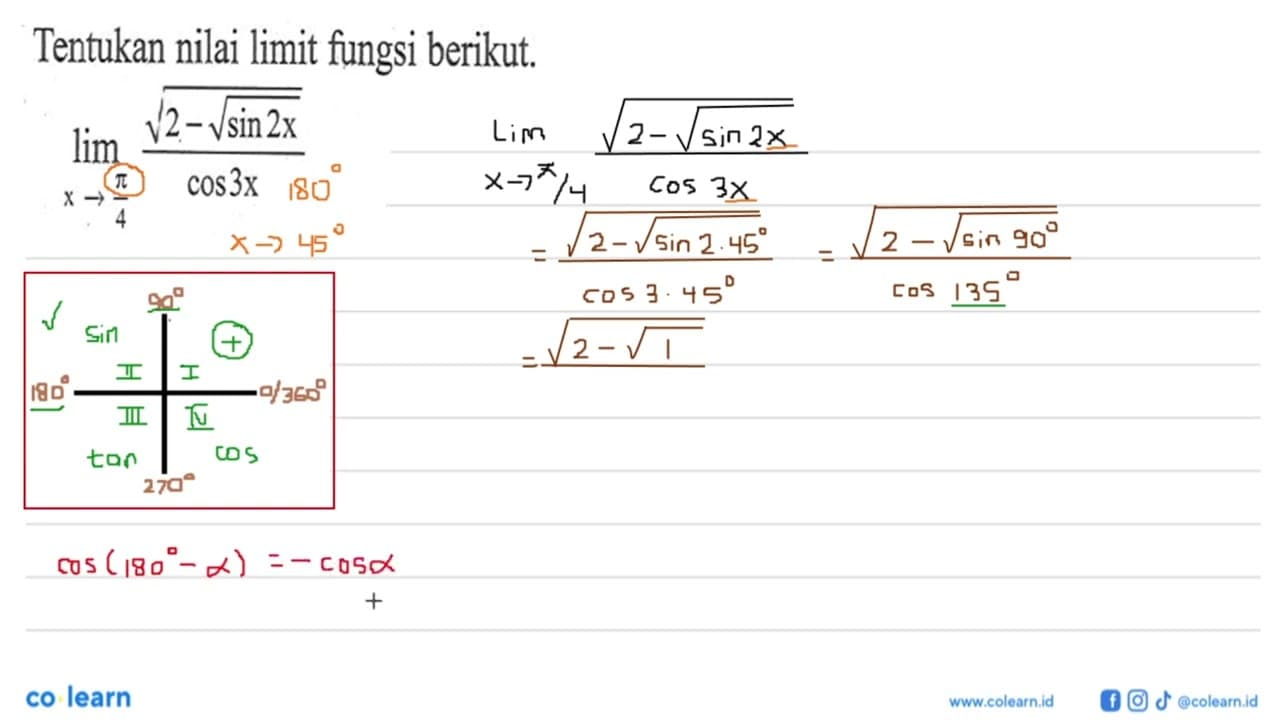 Tentukan nilai limit fungsi berikut. lim x->pi/4