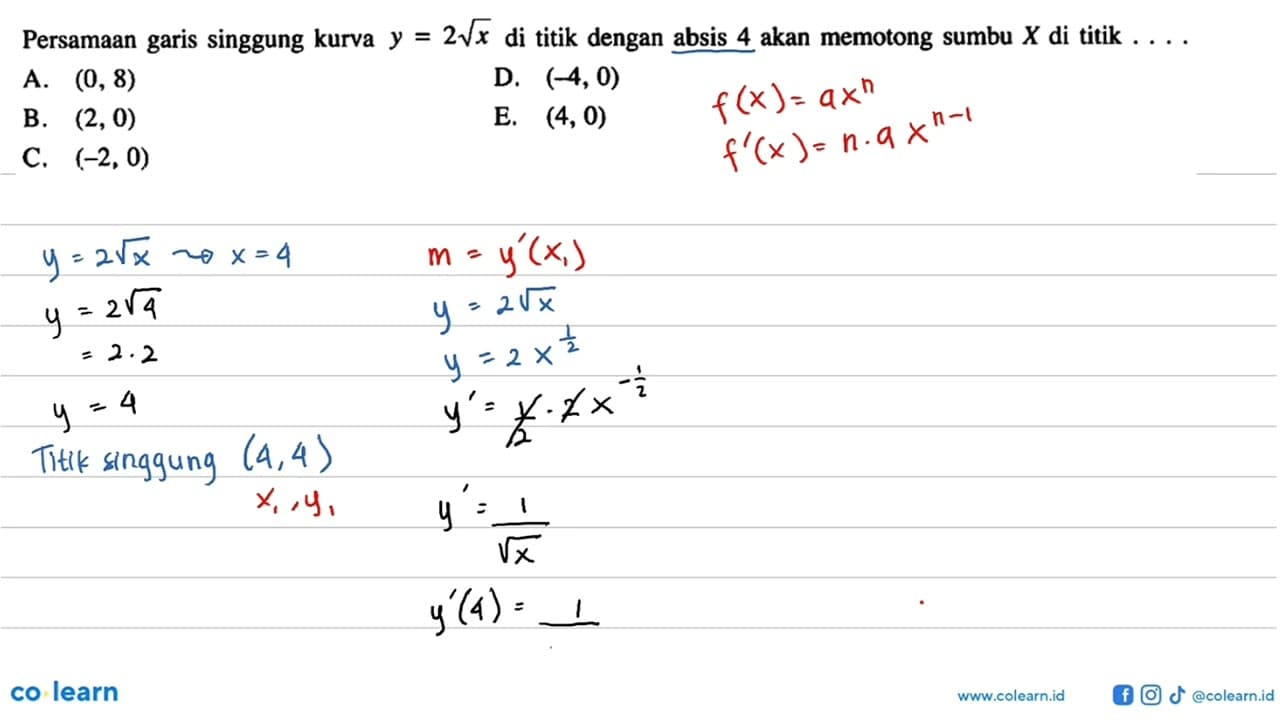 Persamaan garis singgung kurva y=2 akar(x) di titik dengan