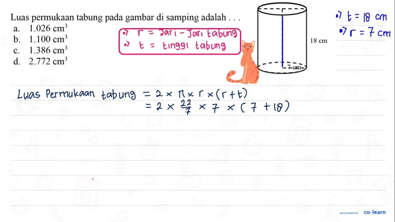 Luas permukaan tabung pada gambar di samping adalah ... a.