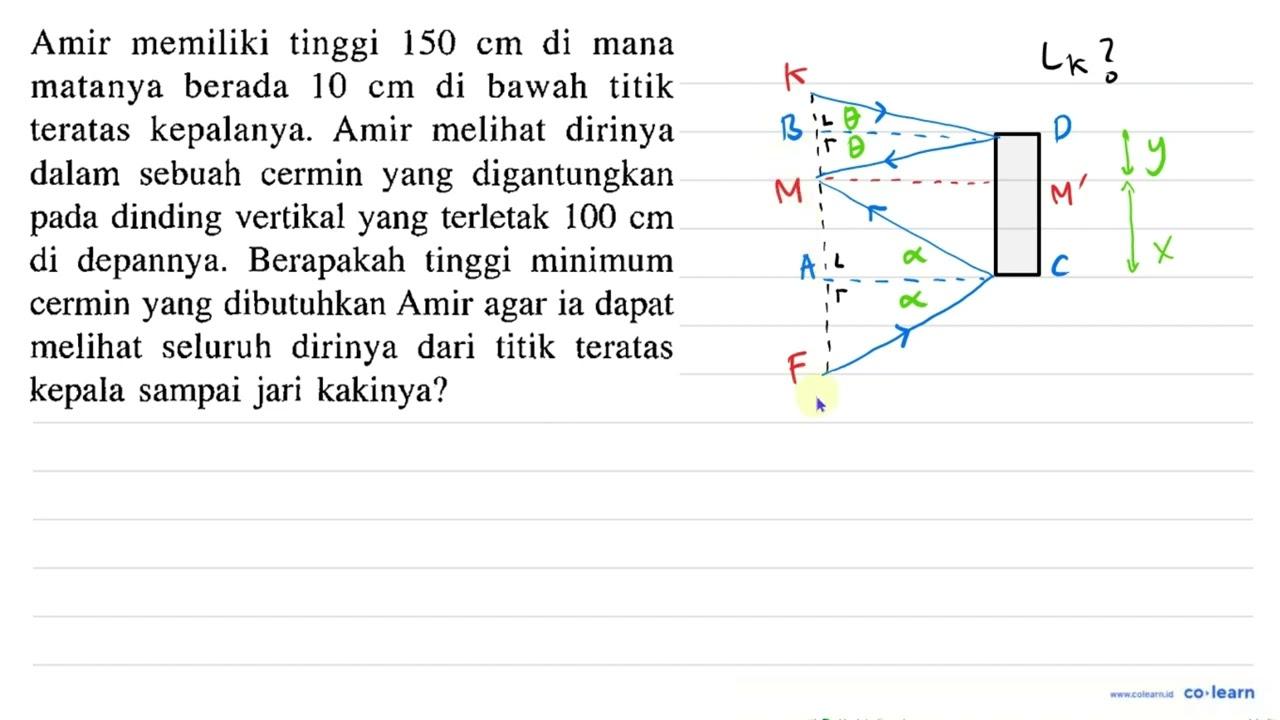 Amir memiliki tinggi 150 cm di mana matanya berada 10 cm di