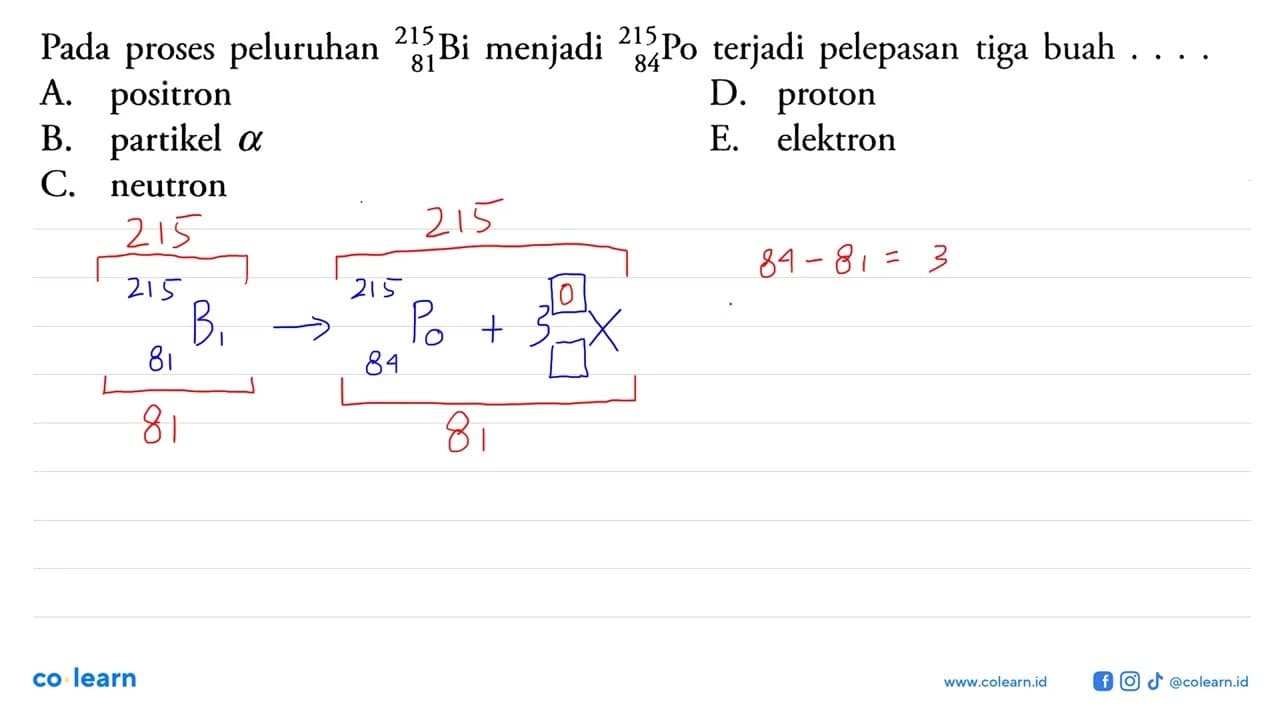 Pada proses peluruhan 81 215 Bi menjadi 84 215 Po terjadi