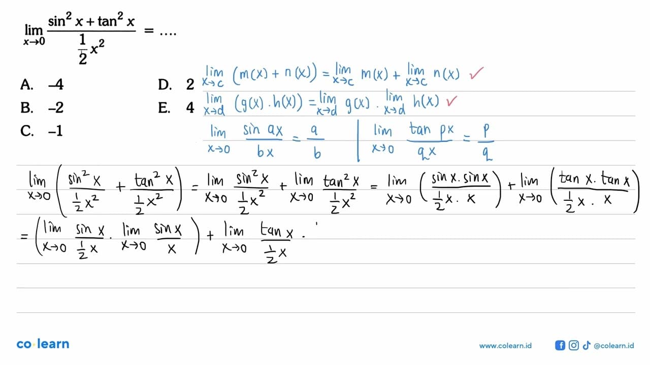 lim x->0 sin^2x+tan^2x/1/2x^2=...