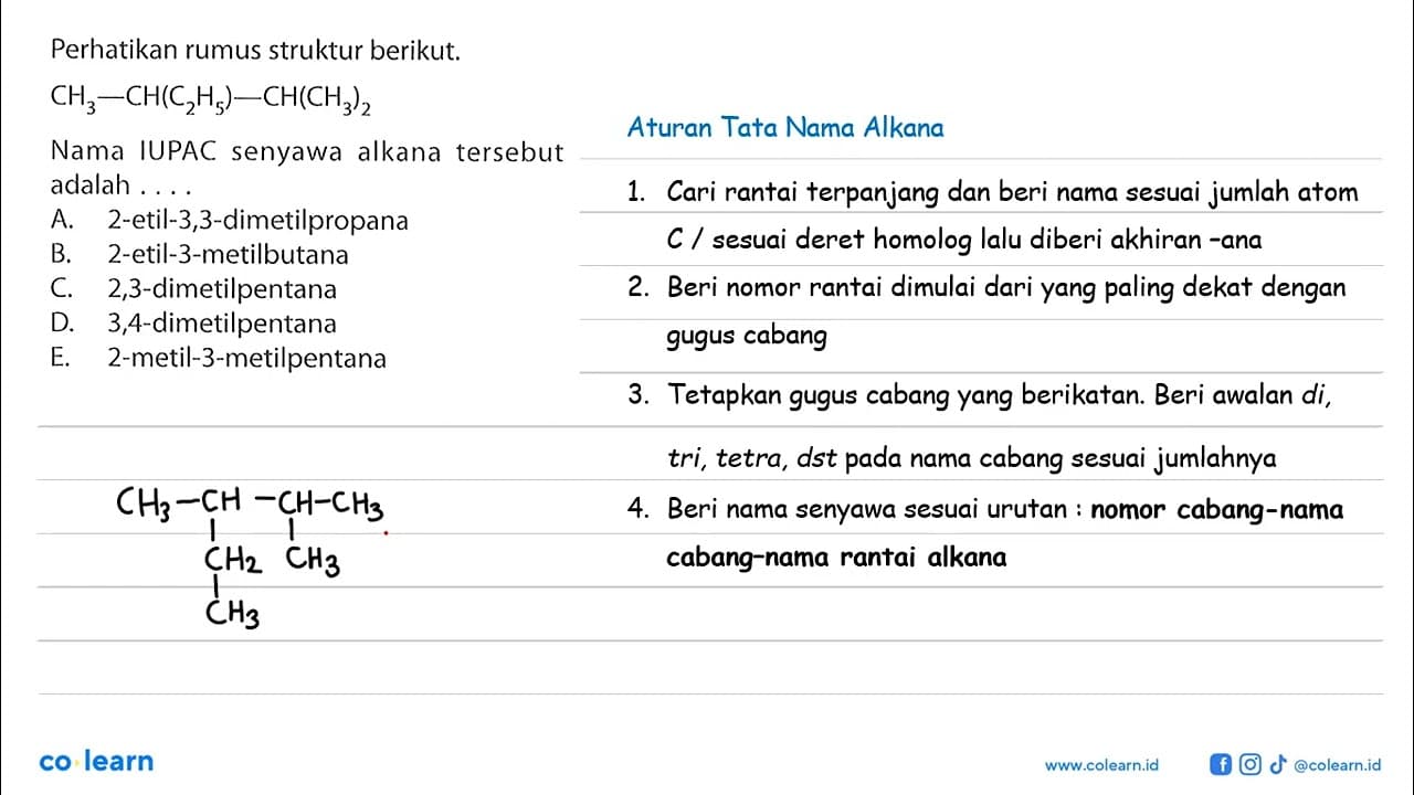Perhatikan rumus struktur berikut. CH3-CH(C2 H5)-CH(CH3)2