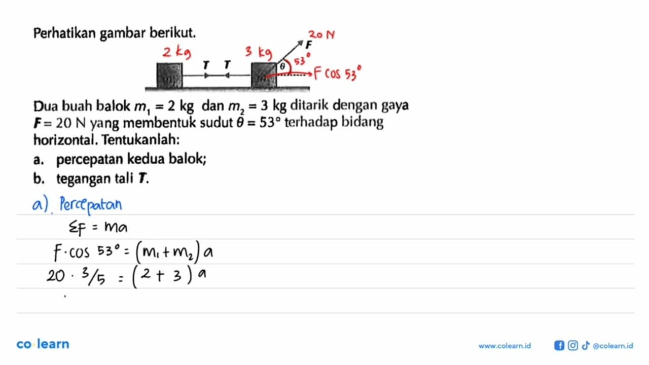 Perhatikan gambar berikut.Dua buah balok m1=2 kg dan m2=3