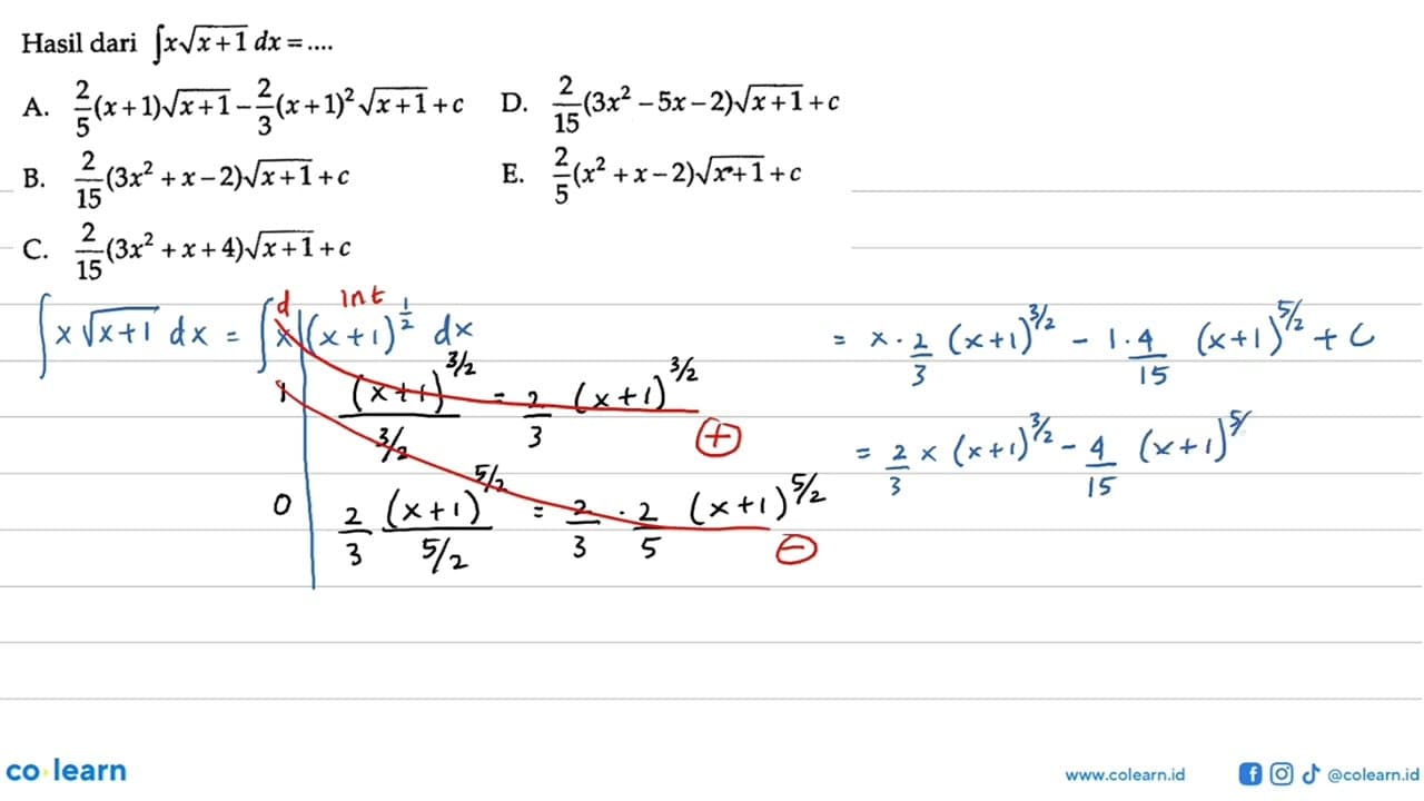 Hasil dari integral x akar(x+1) dx=...