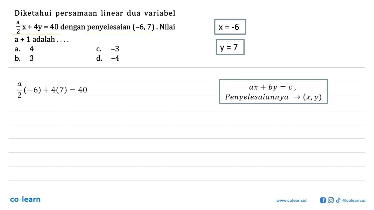 Diketahui persamaan linear dua variabel a/2 x+4y=40 dengan