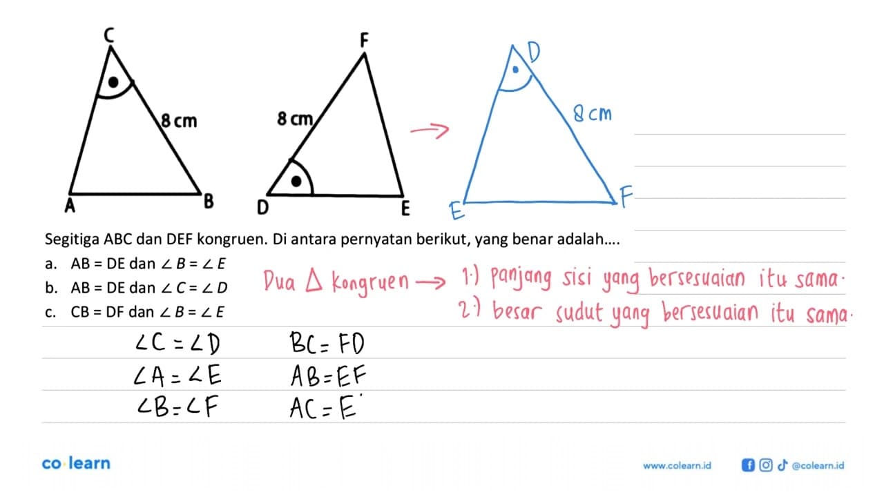 Segitiga ABC panjang BC = 8 cm, segitiga DEF panjang DF = 8