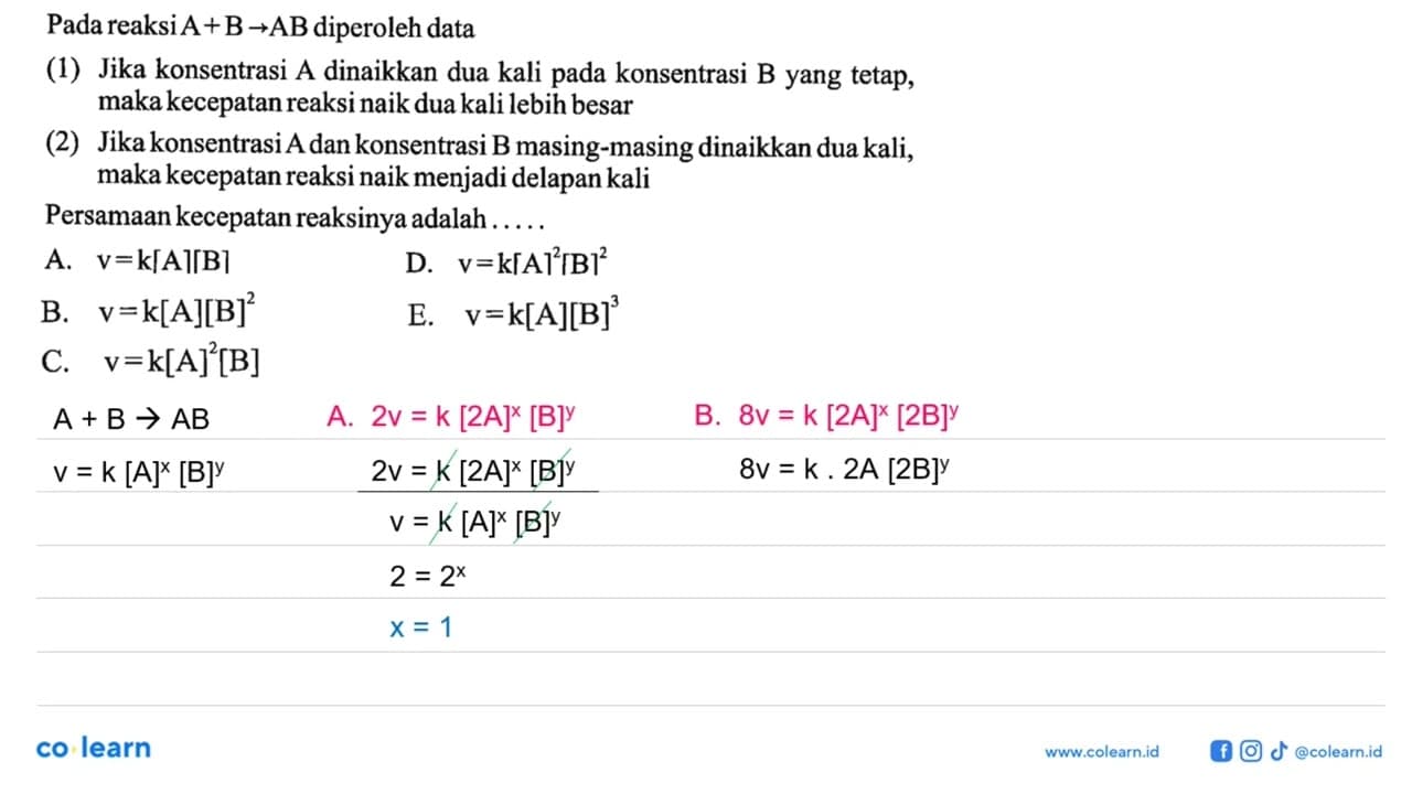 Pada reaksi A+B->AB diperoleh data (1) Jika konsentrasi A