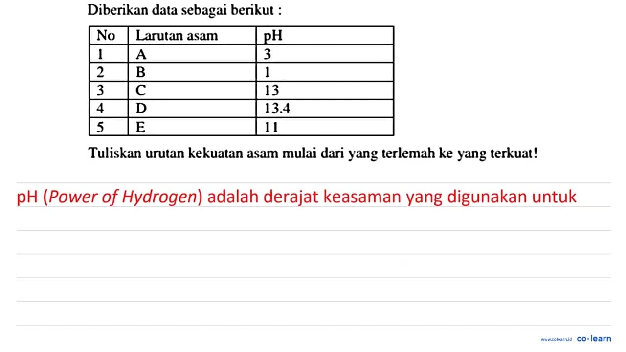 Diberikan data sebagai berikut : No Larutan asam pH 1 ~A 3