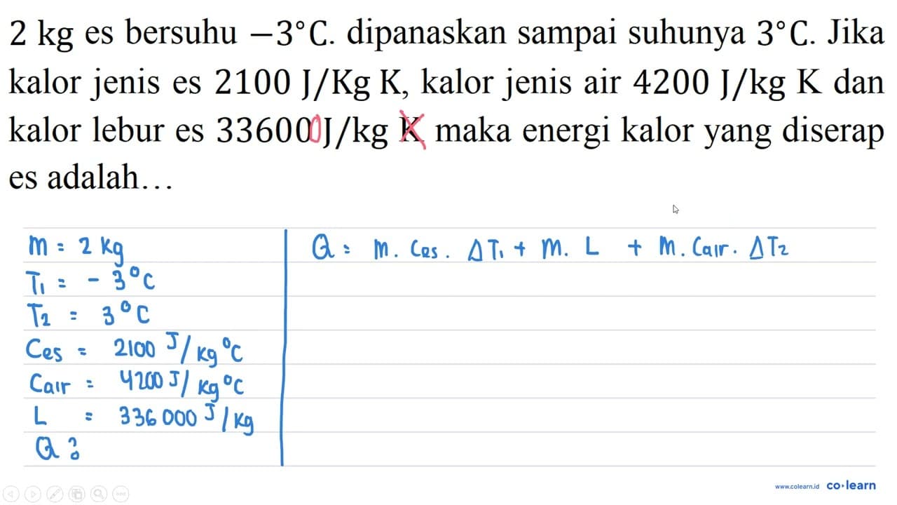 2 kg es bersuhu -3 C . dipanaskan sampai suhunya 3 C . Jika