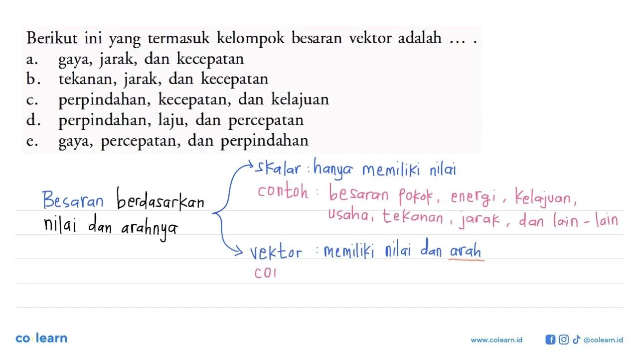 Berikut ini yang termasuk kelompok besaran vektor adalah