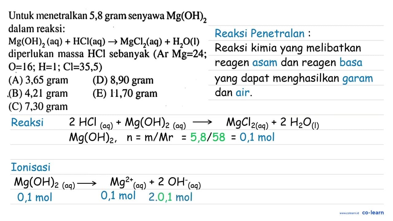 Untuk menetralkan 5,8 gram senyawa Mg(OH)2 dalam reaksi: