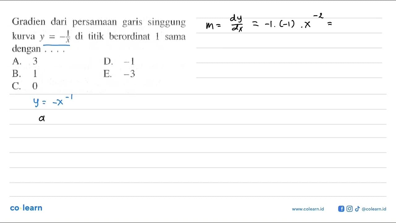 Gradien dari persamaan garis singgung kurva y=-1/x di titik