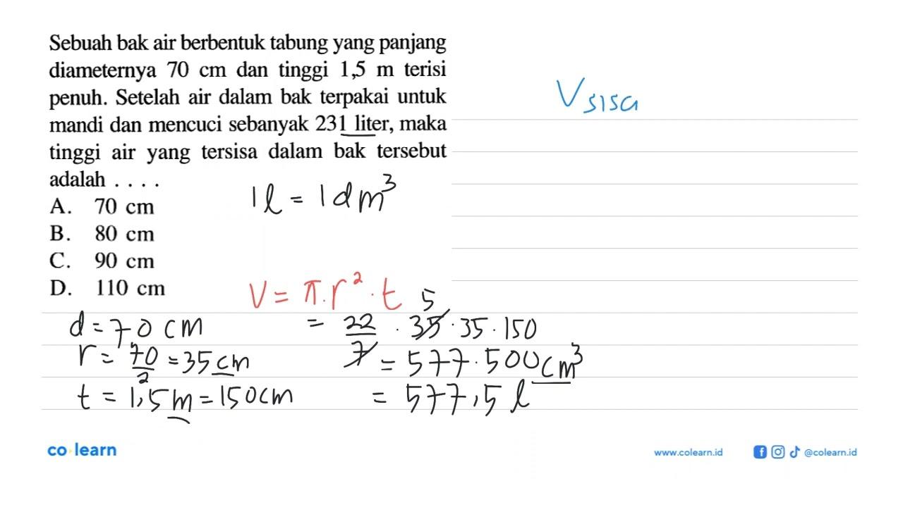 Sebuah bak air berbentuk tabung yang panjang diameternya 70