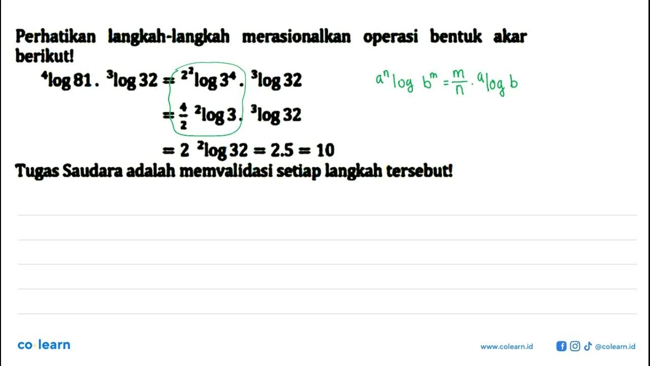 Perhatikan langkah-langkah merasionalkan operasi bentuk