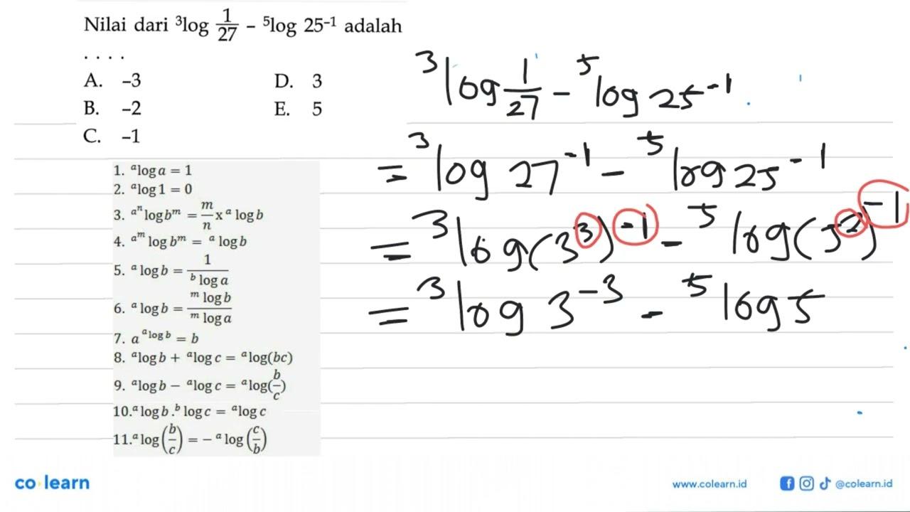 Nilai dari 3log1/27-5log(25)^-1 adalah ....