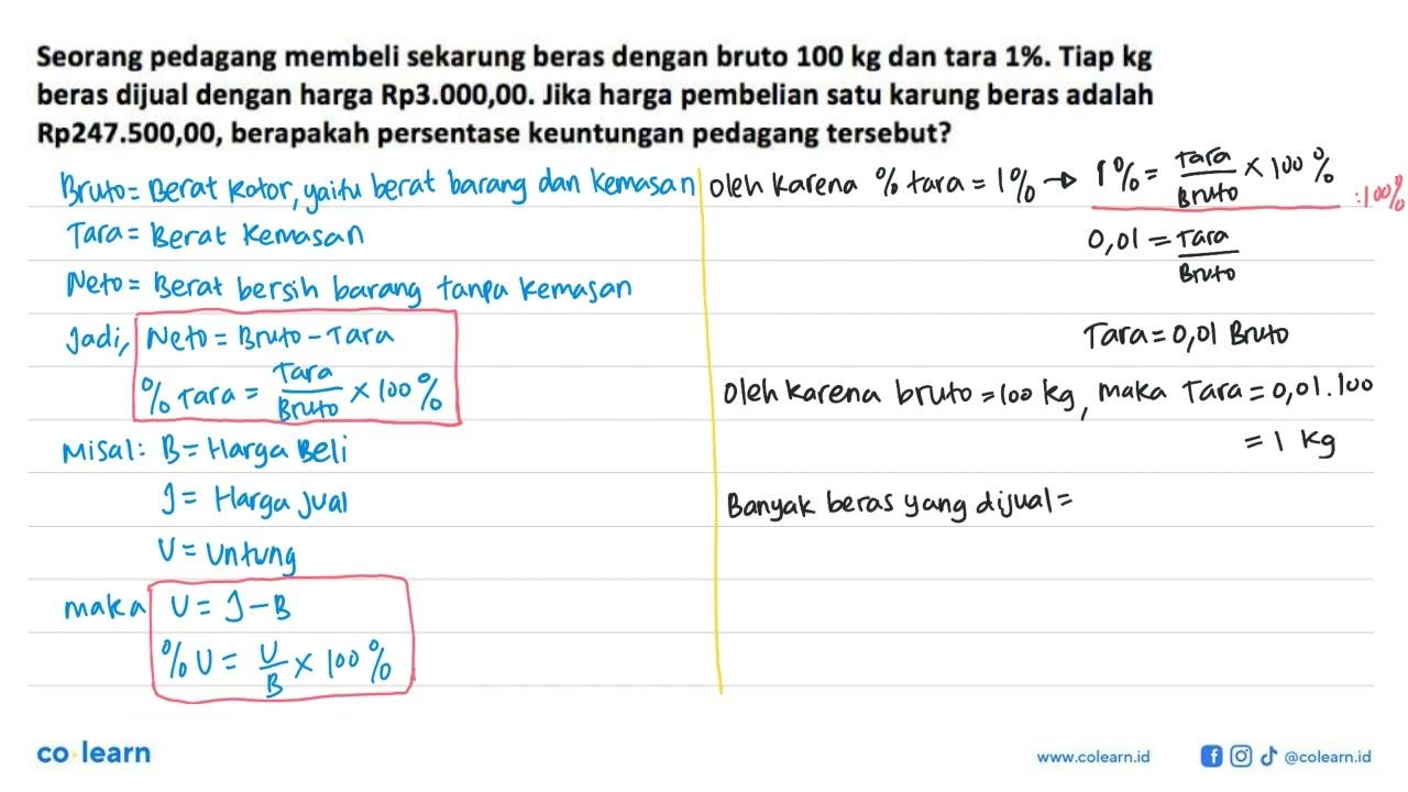 Seorang pedagang membeli sekarung beras dengan bruto 100 kg