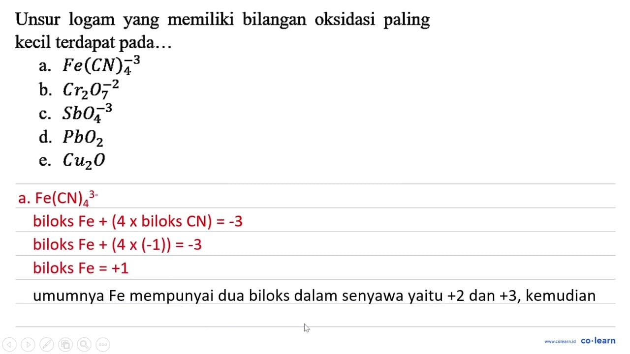 Unsur logam yang memiliki bilangan oksidasi paling kecil