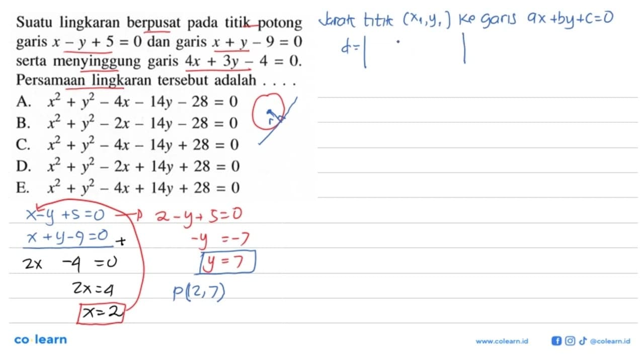 Suatu lingkaran berpusat pada titik potong garis x-y+5=0