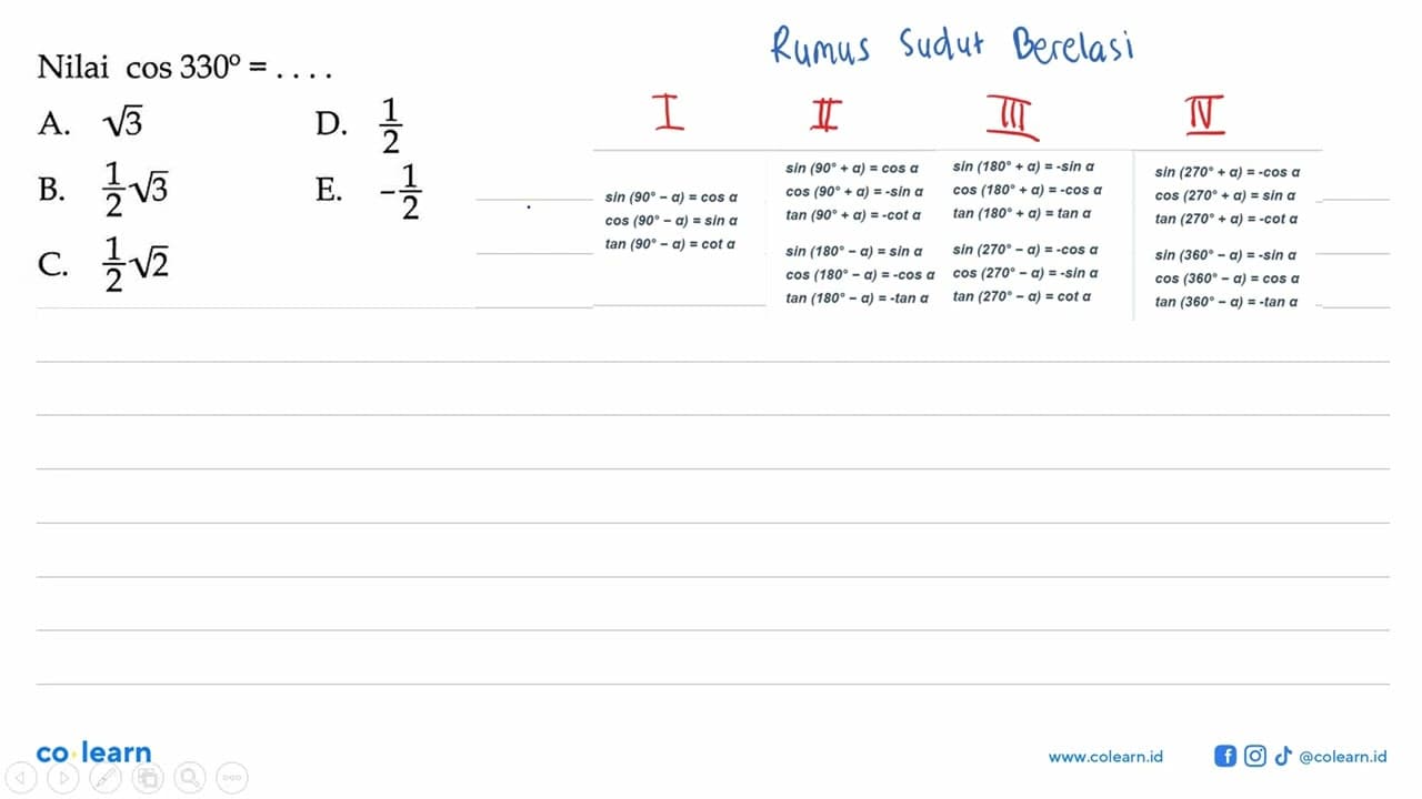 Nilai cos 330=....