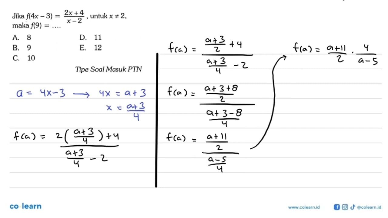 Jika f(4x-3)=(2x+4)/(x-2), untuk x=/=2, maka f(9)= ....