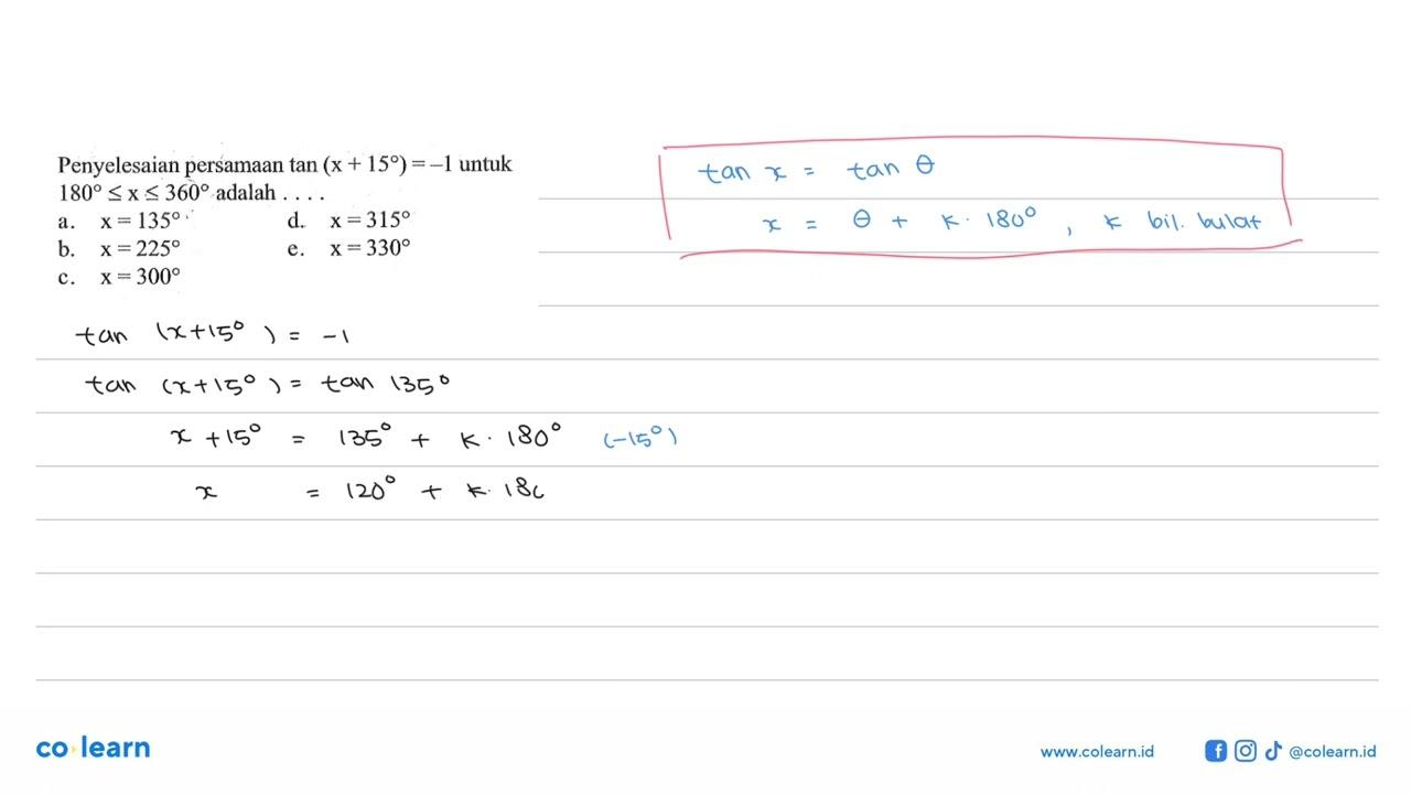 Penyelesaian persamaan tan(x+15)=-1 untuk 180<=x<=360