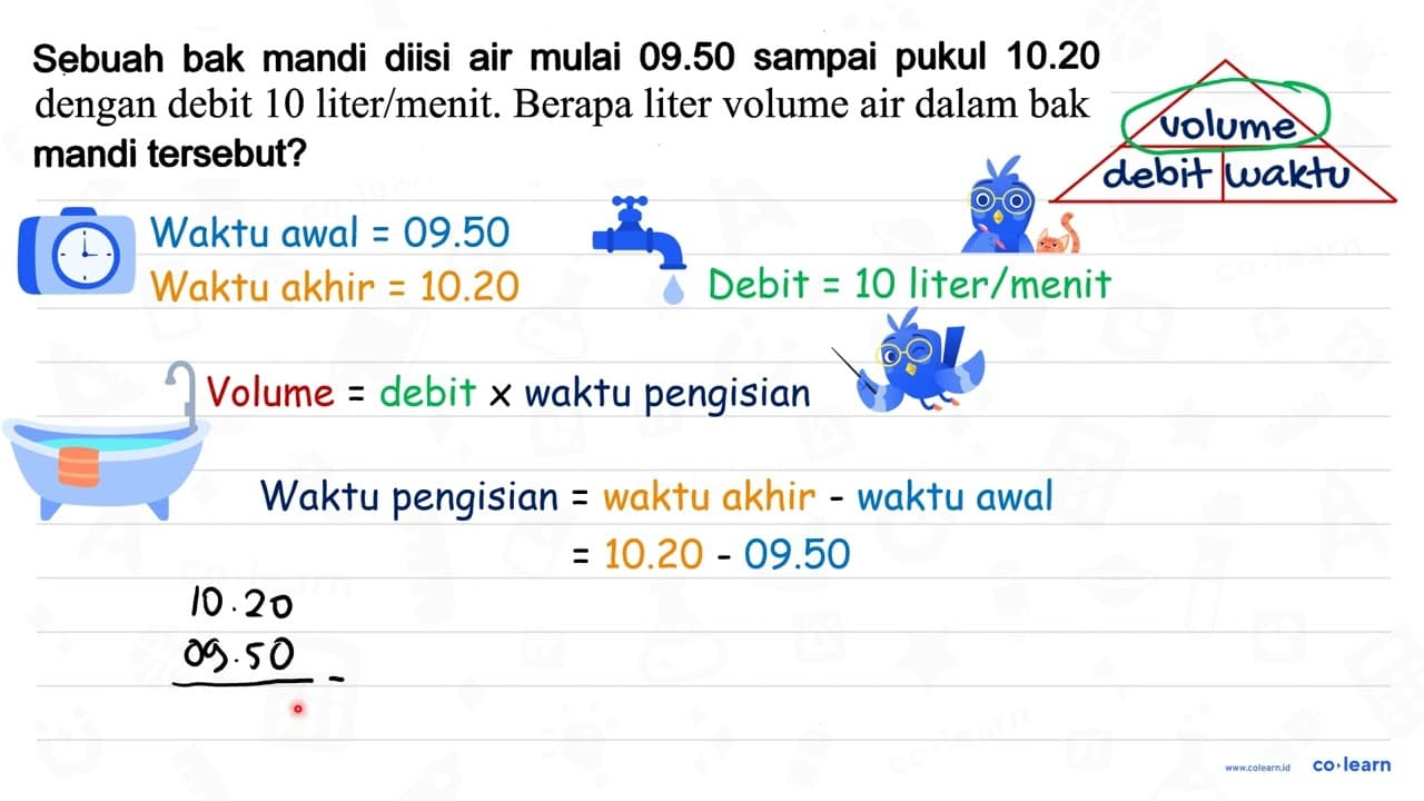 Sebuah bak mandi diisi air mulai 09.50 sampai pukul 10.20